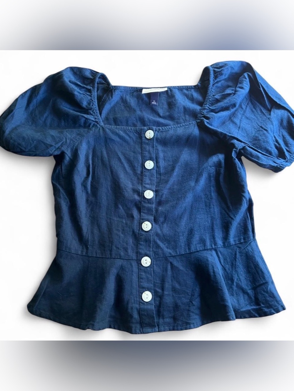 Universal Thread Navy Square Neck Button-Front Puff Sleeve Top